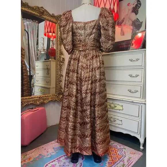 1970s rust and gold brocade formal gown puff sleeves jay jacks metallic ombre sm - Picture 8 of 10